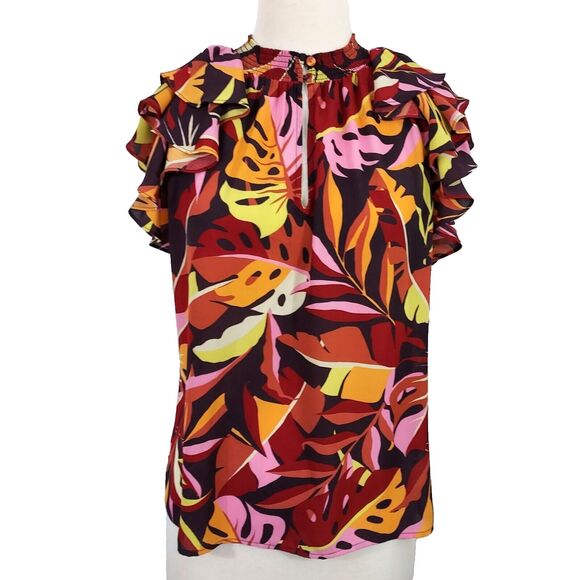 DR2 Shirt Top Womens Size M Tiered Ruffle Flutter Sleeves Smocked Keyhole Neck - Picture 1 of 12